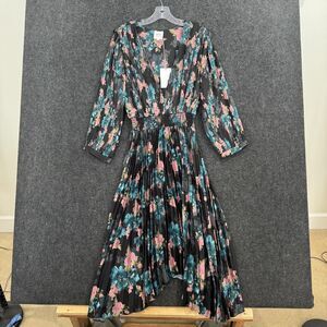 Misa Los Angeles Dress Women's Medium Black Floral Pleated Smocked Hi Low Maxi